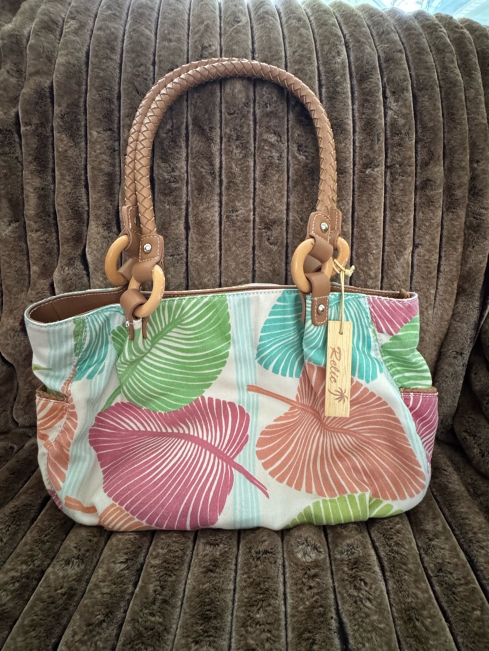 Relic Multicolor Tropical Leaf-Print Canvas Tote with Tan Braided Handles